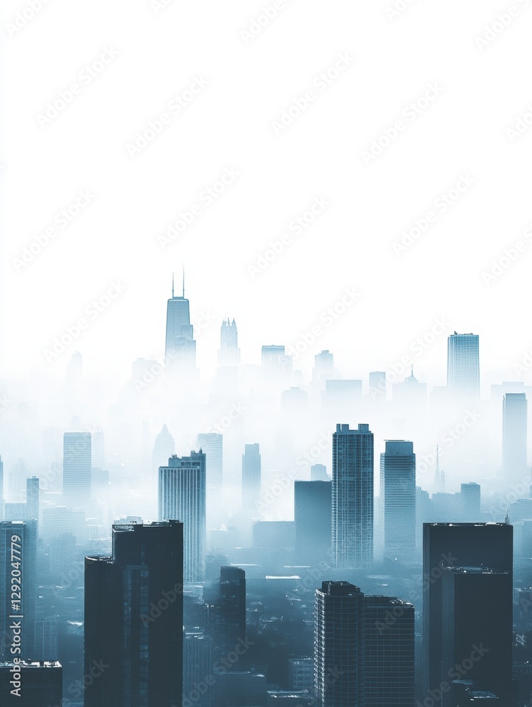 Poster cityscape shrouded in gray smog with building silhouettes fading into haze. generative ai