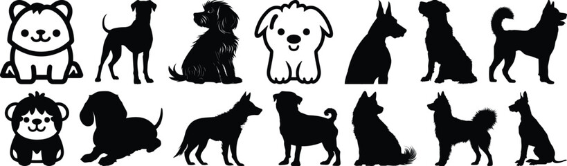 Dog silhouettes set, animal pack of vector silhouette design, isolated background