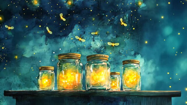 Fireflies in Glass Jars Under a Teal Night Sky