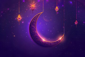 Fototapeta premium Enchanted crescent moon with hanging lanterns