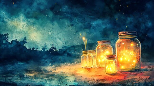 Glowing Fireflies in Glass Jars Under a Dark Blue Night Sky