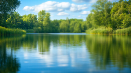 Obraz premium Tranquil river landscape with lush greenery reflected in calm waters on a sunny day