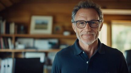 Fototapeta premium Portrait of a smiling mature professor wearing glasses in his home office, exuding confidence and intellect