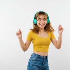 girl wearing headphones have fun moving listening to music relax on white background, happy young...