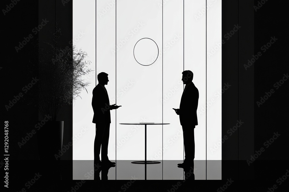 Poster business negotiation between two silhouetted professionals in a modern office setting at twilight. g
