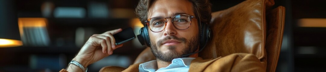 Young man working from home with headphones and smartphone. Generative AI