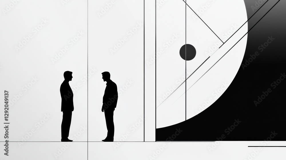 Poster Negotiation between two professionals in a minimalistic setting with geometric shapes at a modern office. Generative AI