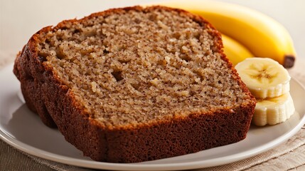 Slice of banana bread on plate, with banana slices and fruit in background, for dessert or snack