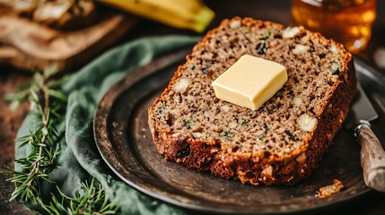 Slice of bread with butter on plate, indoor table, blurry ingredients in background, for recipe