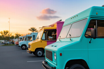 Food trucks lined up at sunset in a vibrant outdoor market setting