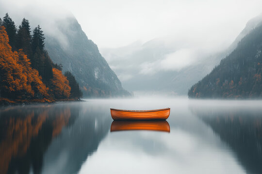 Solitary Wooden Rowboat Floating on a Calm Alpine Lake Surrounded by Misty Mountains and Autumnal Forest