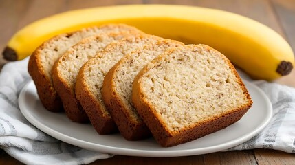 Sliced banana bread on plate with whole banana, wooden background