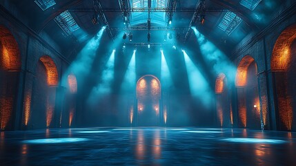 Theater stage with bright blue spotlights images