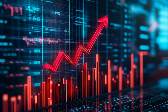 Grafische Anzeige in rot blau von Analysen und Trendprognosen, Pr&auml;sentation mit dynamischem Diagramm und einem steigenden Kursverlauf mit steigendem Gewinnen