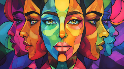 Obraz premium Sisterhood: a vibrant portrayal of diverse women, celebrating unity and strength in a kaleidoscope of colors and styles. Abstract Kaleidoscope Portrait. Illustration