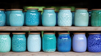 Ceramic jars on wooden shelves, various shades of blue and teal, display of handmade pottery