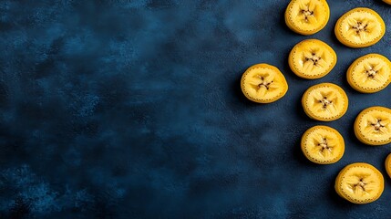 Fototapeta premium Sliced bananas artfully arranged on a textured blue surface, for food-related visual content