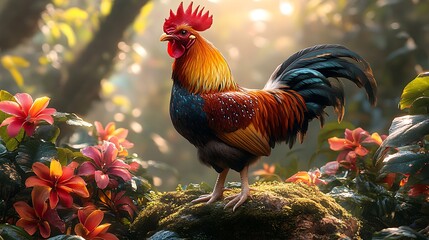 Tropical rooster surrounded by lush flower pictures