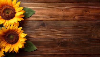 beautiful sunflowers on a wooden table view from above background with copy space © Samantha
