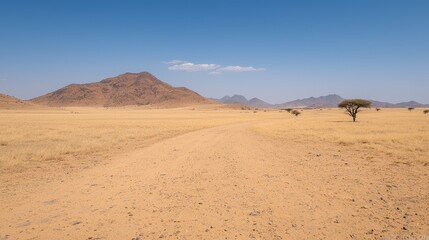 Fototapeta premium Desert road leading to mountains, clear sky. Travel brochure