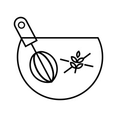 Outline icon dough bowl and dough shaker mixer with gluten free label. Representation of healthy baking.