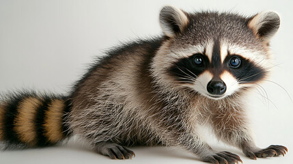 A raccoon with a striped tail and a blue eye is standing on a white background. generated using AI