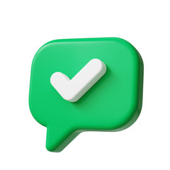 Green 3d chat bubble with white check mark icon isolated on transparent background
