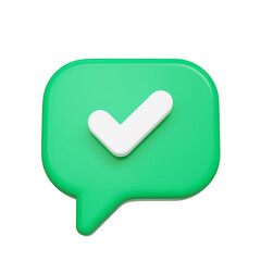 Green 3d chat bubble with white check mark icon isolated on transparent background