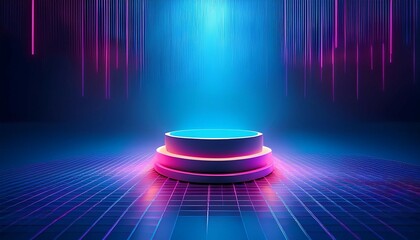 abstract minimal geometric scene featuring illuminated podium in vibrant lighting for cosmetic product showcases and theatrical presentations
