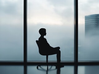 silhouette of person sitting in chair looking out window