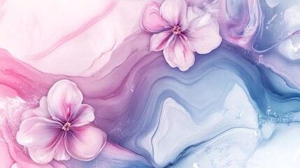 Elegant Marble Background with Delicate Flower Blossoms – Top-Down View