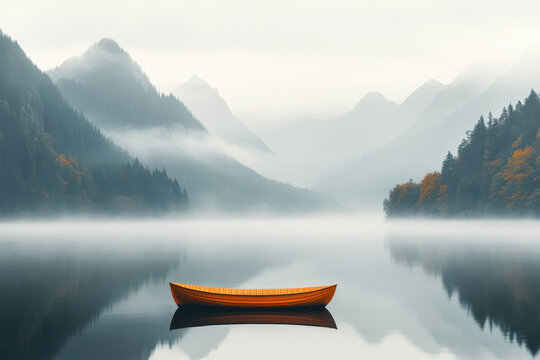 Yellow wooden boat floating on a misty lake surrounded by mountains and autumn foliage in a tranquil scene