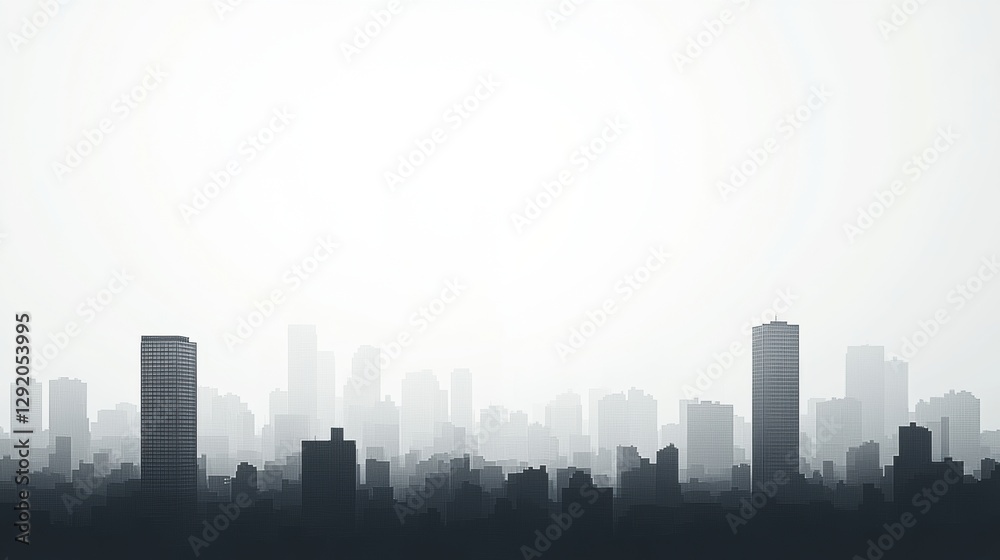 Poster city skyline obscured by heavy gray smog, buildings fading into the hazy atmosphere with space for t