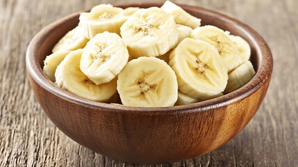 Sliced bananas in wooden bowl on rustic table