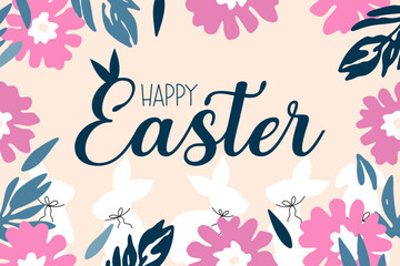 Obraz premium Happy Easter greeting card with bunnies and florals, Happy Easter banner