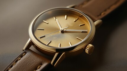 Golden wristwatch close-up lying on table. Fashion and style, time concept