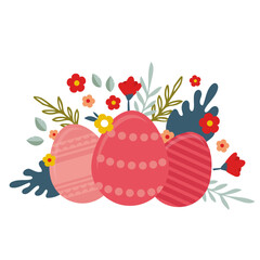 Decorative Easter eggs on green grass and different flowers. illustration for greeting card, ad, promotion, poster, flier, blog, article
