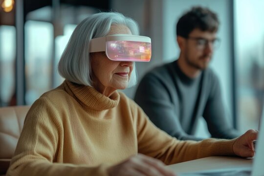 Senior woman using augmented reality glasses, assisted by a younger man, exploring digital worlds.