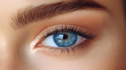 Obraz premium Close-up of a woman's eye with long lashes and subtle makeup. Ideal for beauty, cosmetics, and ophthalmology projects.