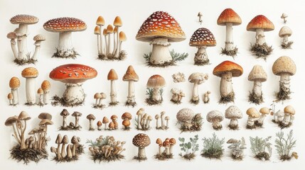 Detailed Botanical Art of Mushrooms with Various Fungi Species on a White Background. Generative AI