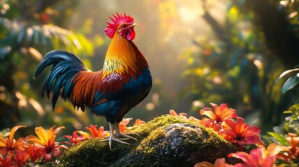 Vibrant rooster with colorful plumage outdoors picture
