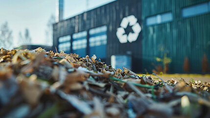 Futuristic biomass energy plant with advanced waste-to-energy conversion technology, promoting a sustainable future with innovative green power solutions. 