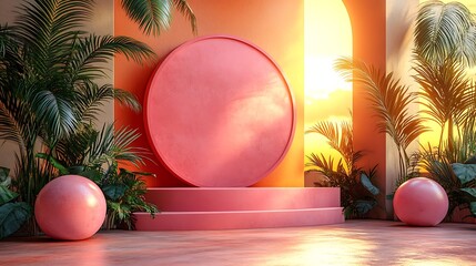 Vibrant stage setup with pink and orange hues pictures