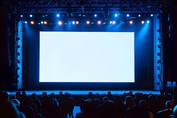  Large white display screen positioned on stage, intended for business presentation exhibits 