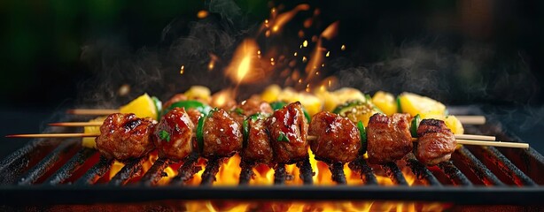 grilled street food fusion, BBQ festival treats, exotic sizzling fusion, fusion grill summer street food, exotic fusion grill summer street food, sizzling fusion grill summer street food, vibrant fusi