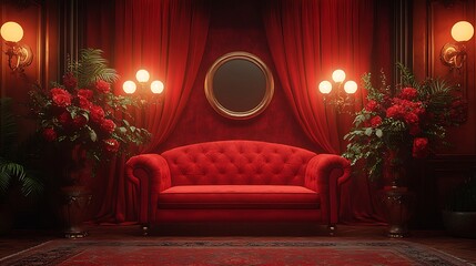 Vintage red-themed interior with floral arrangement pictures