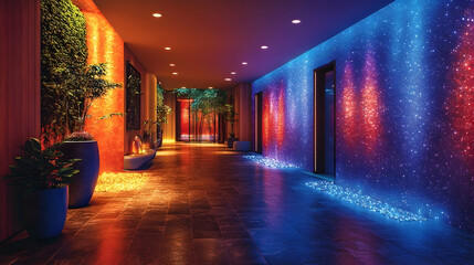Enchanting Illuminated Corridor, A Symphony of Light and Botanical Beauty