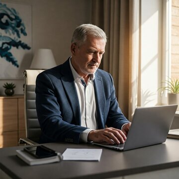 Rich Successful Business Man Working in Office, Taking Meeting Call from Laptop, Older Businessman, Senior Businessman, Working From Home, Working Remote, Taking Remote Call, Running Business, WFH