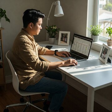 Filipino Man Working From Home, Work Remote, East Asian Man, Young Professional, Cozy Office, Working in Office, Remote Call