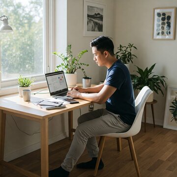 Filipino Man Working From Home, Work Remote, East Asian Man, Young Professional, Cozy Office, Working in Office, Remote Call, Blue Shirt, Bright Office, Plants, Urban Office
